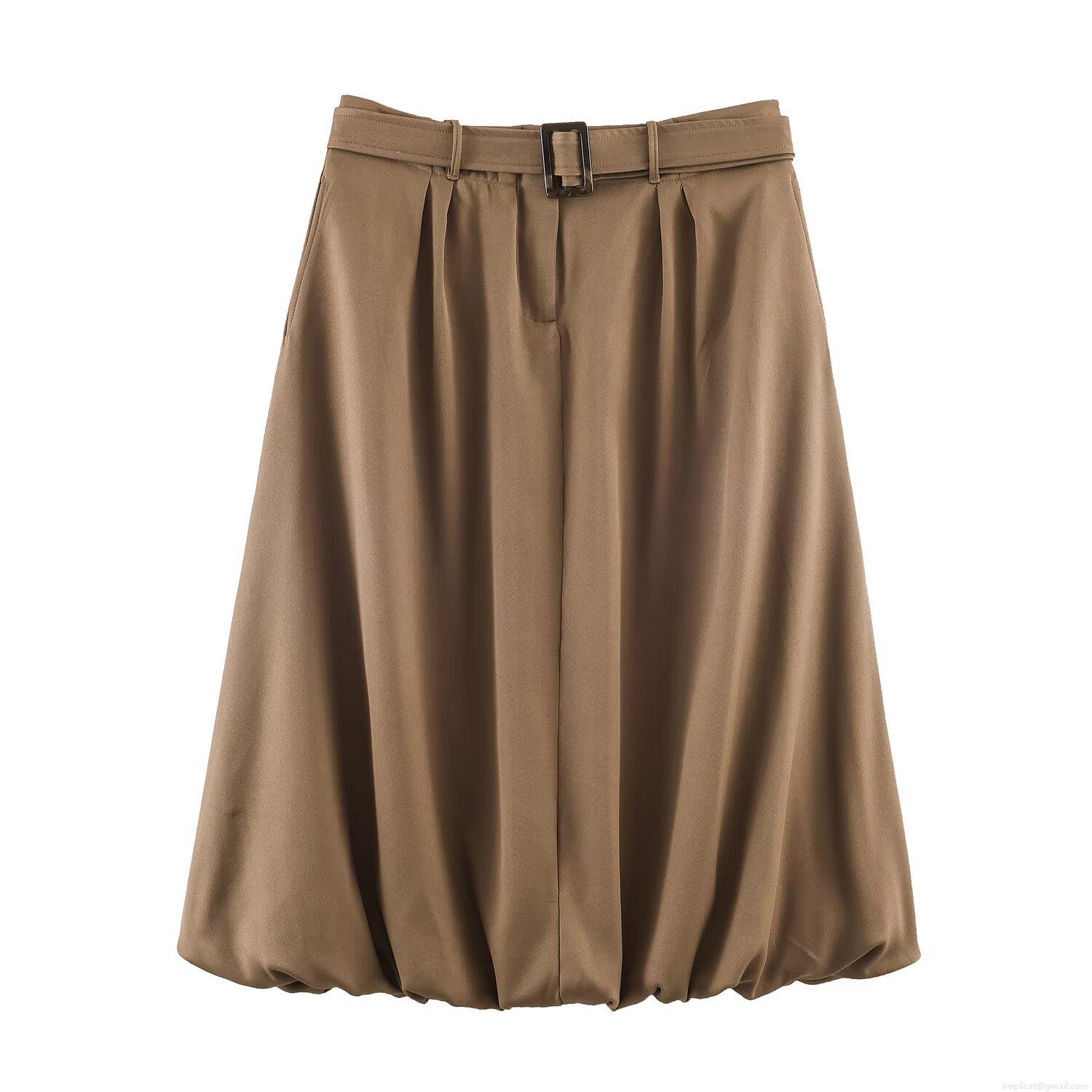 Women's High Waist Balloon Midi Skirt With Belt Fashion Casual Solid Color Polyester Streetwear Lantern Bubble Skirt For Ladies Summer Elegant Bottoms