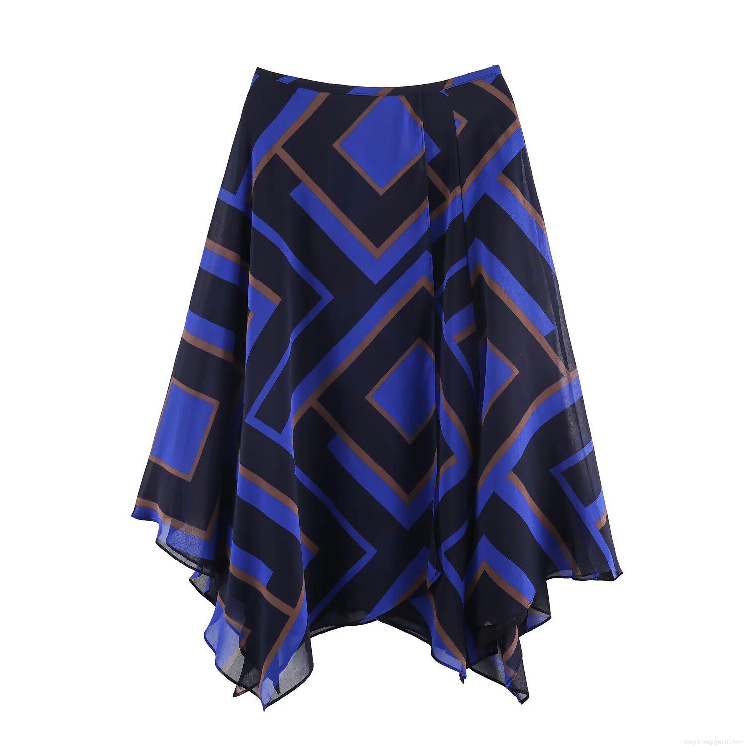 Women's Asymmetrical Geometric Print Midi Skirt Summer High Waist Chiffon Irregular Hem Streetwear Casual Fashion Skirt for Women