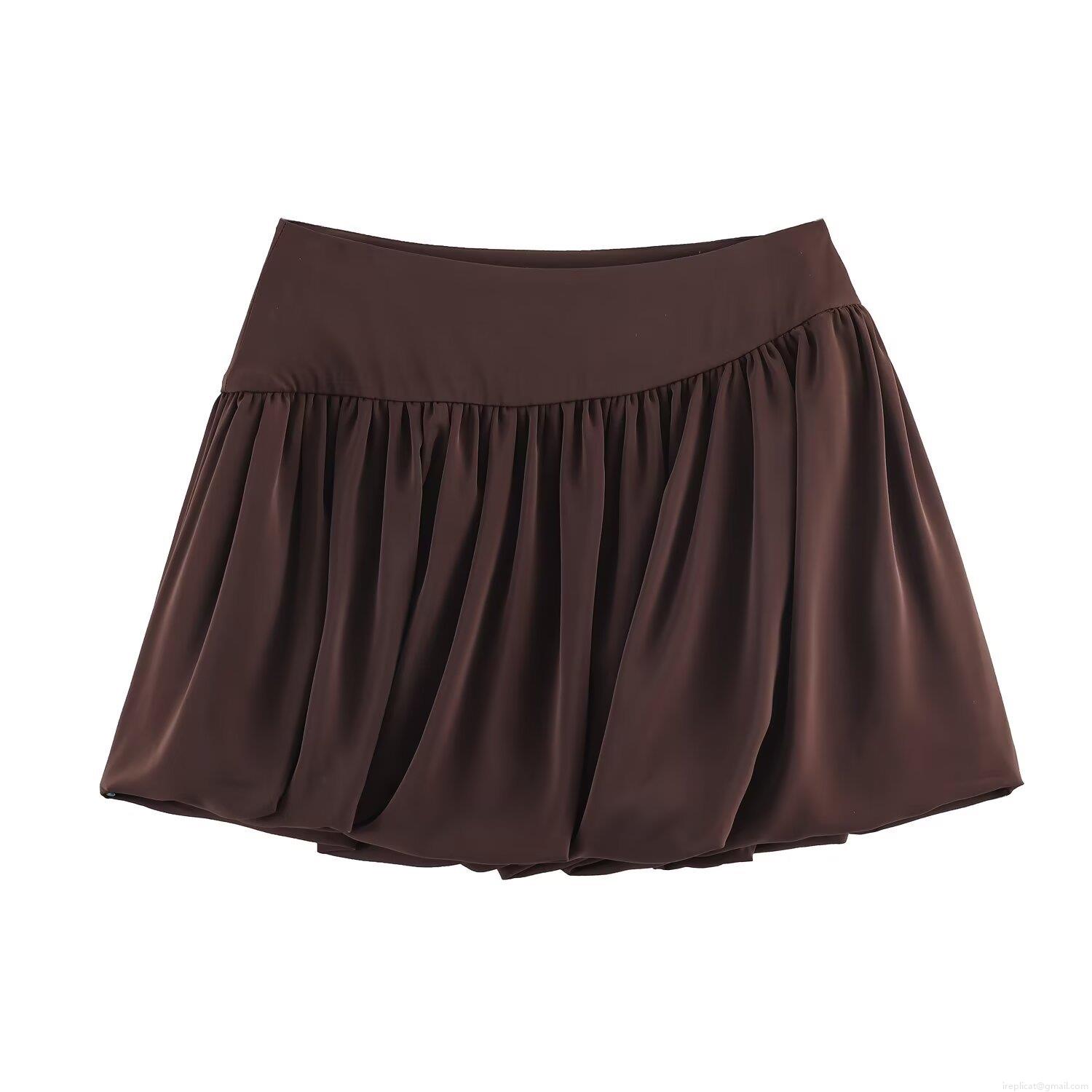 Women's Summer Satin Polyester Pleated Balloon Mini Skirt Casual Streetwear Dark Brown Mid Waist Short Skirt For Party Daily