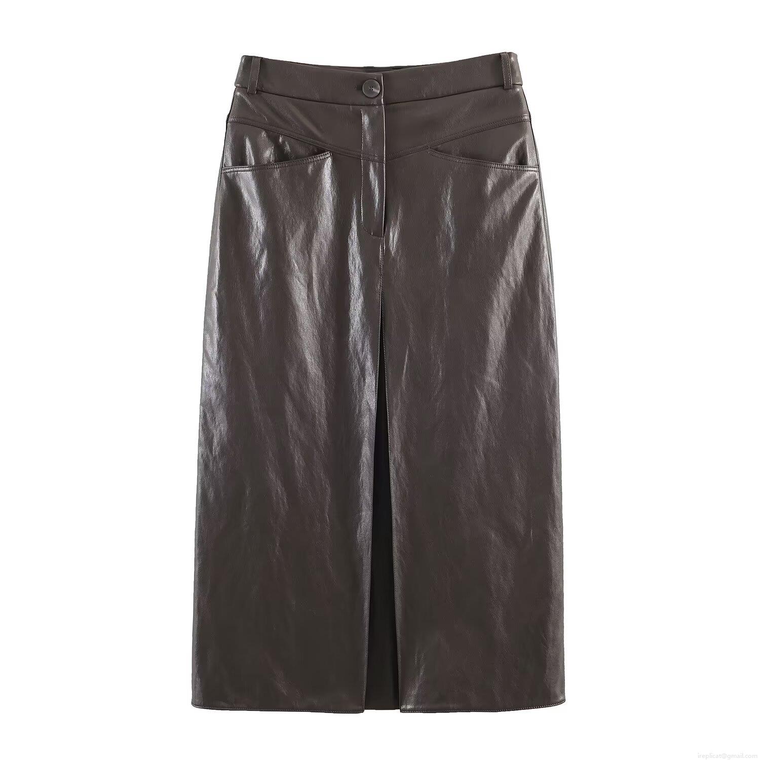 Women's High Waist Faux Leather Midi Skirt Fashion Solid Color Straight Pleated PU Skirt With Pockets For Summer Daily Streetwear