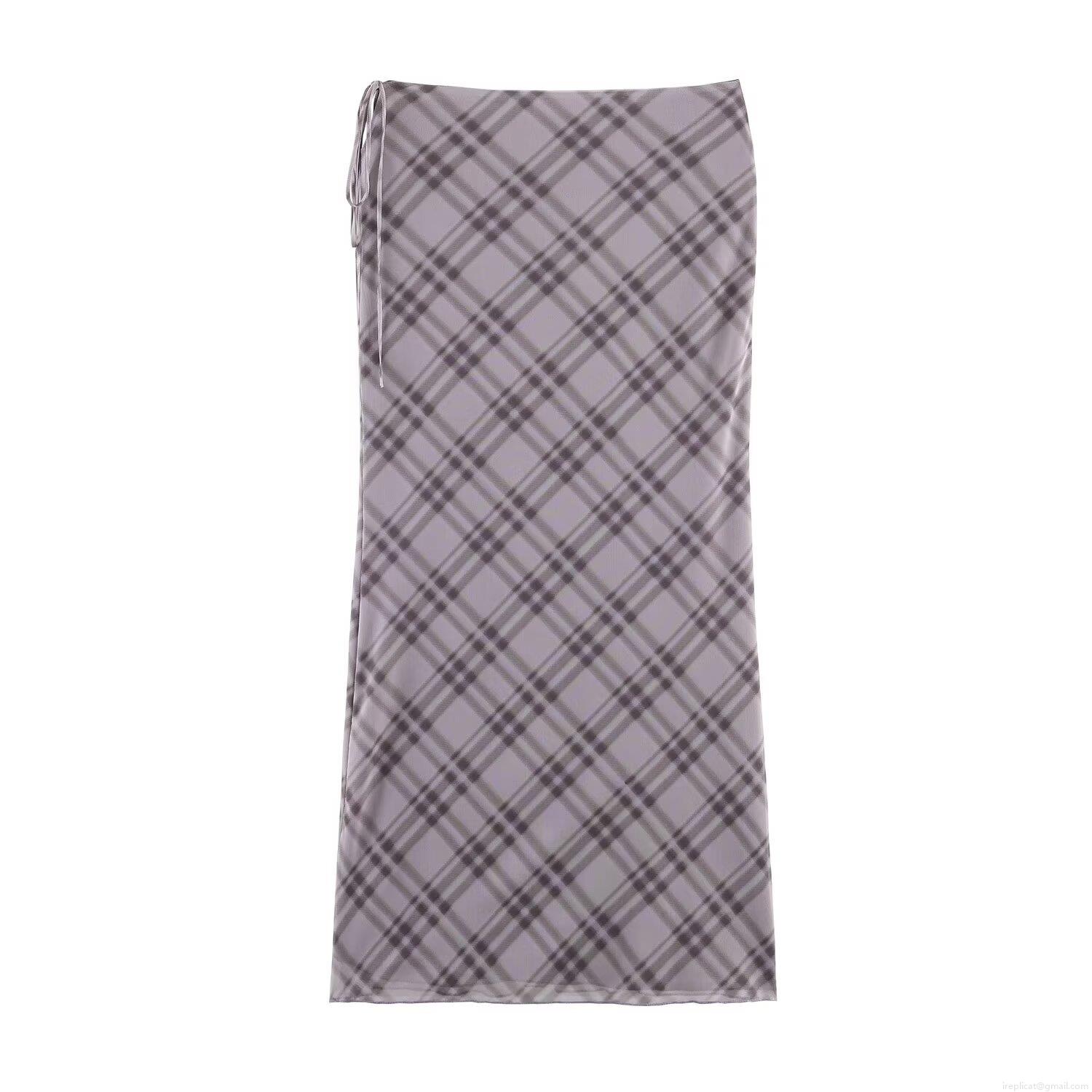 Women's Mesh Plaid Midi Skirt Sexy High Waist Bodycon Plaid Print Skirt With Side Tie Drawstring Summer Casual Streetwear Fashion Pencil Skirt
