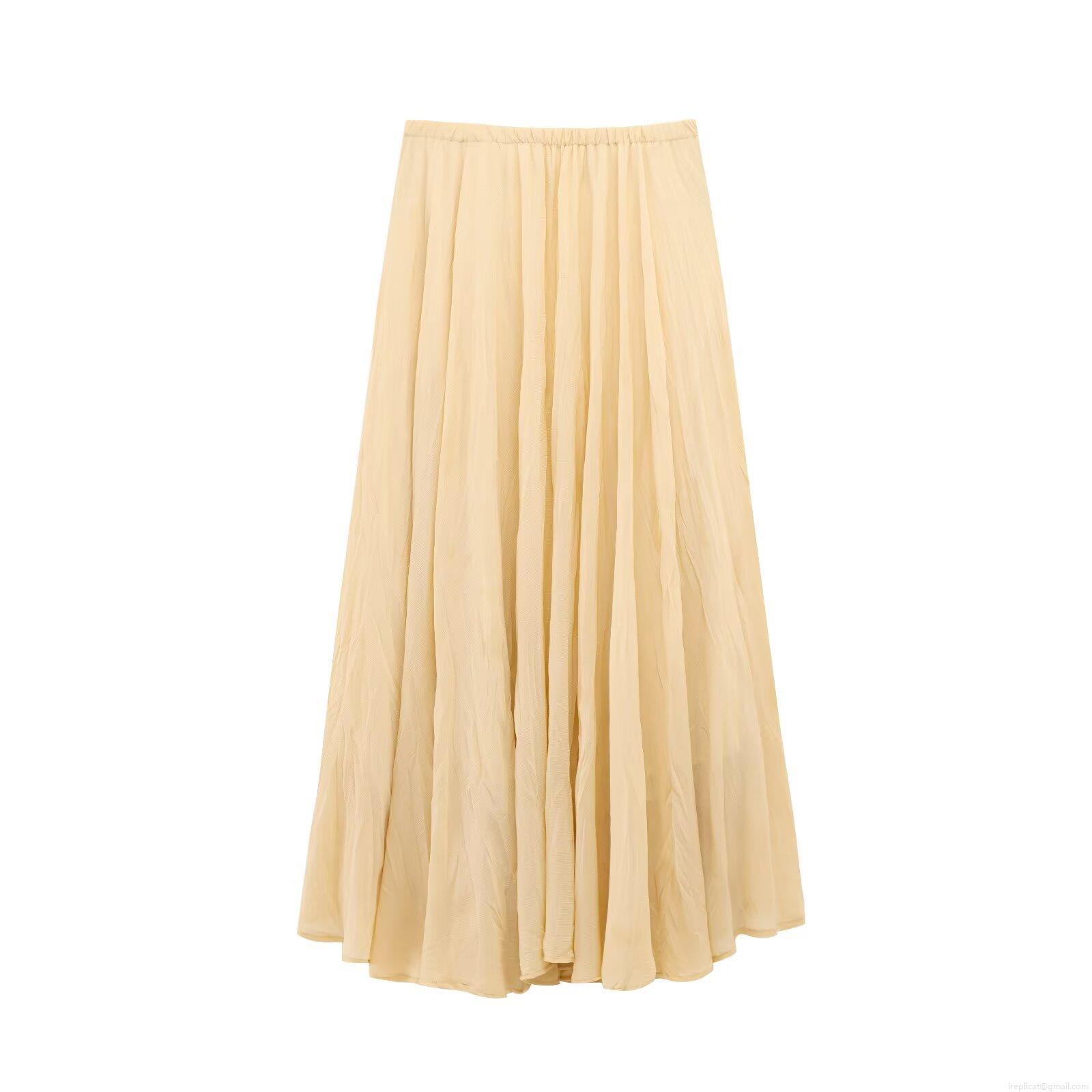 Women's Casual Solid Color Pleated Midi Skirt Elegant Elastic High Waist Crinkled Chiffon Fabric Skirt For Spring Summer Streetwear