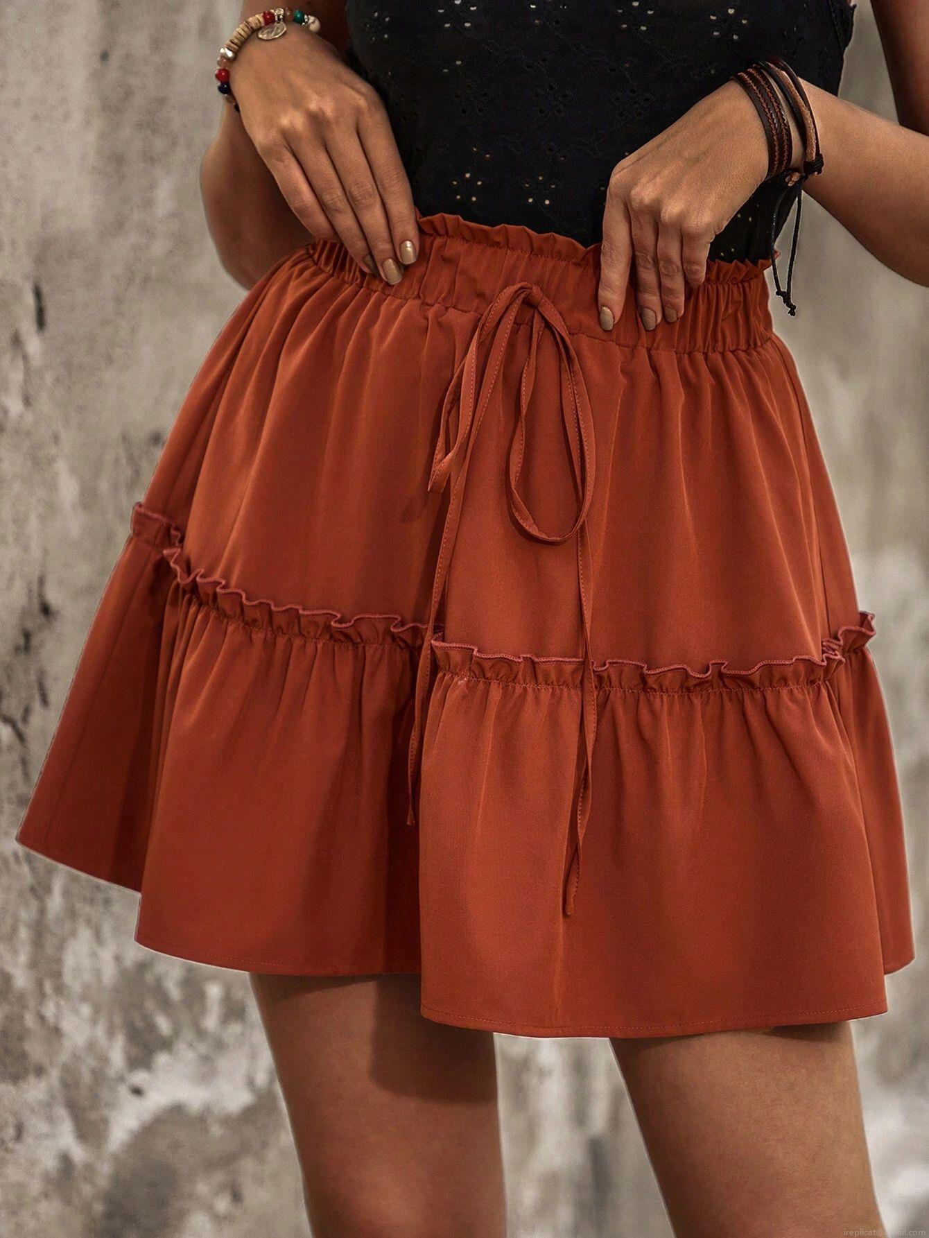 Women Casual Solid Color Tiered Mini Skirt Elastic High Waist Drawstring Ruffle Cake Skirt Bohemian Summer Short Skirt Polyester Skirts For Women