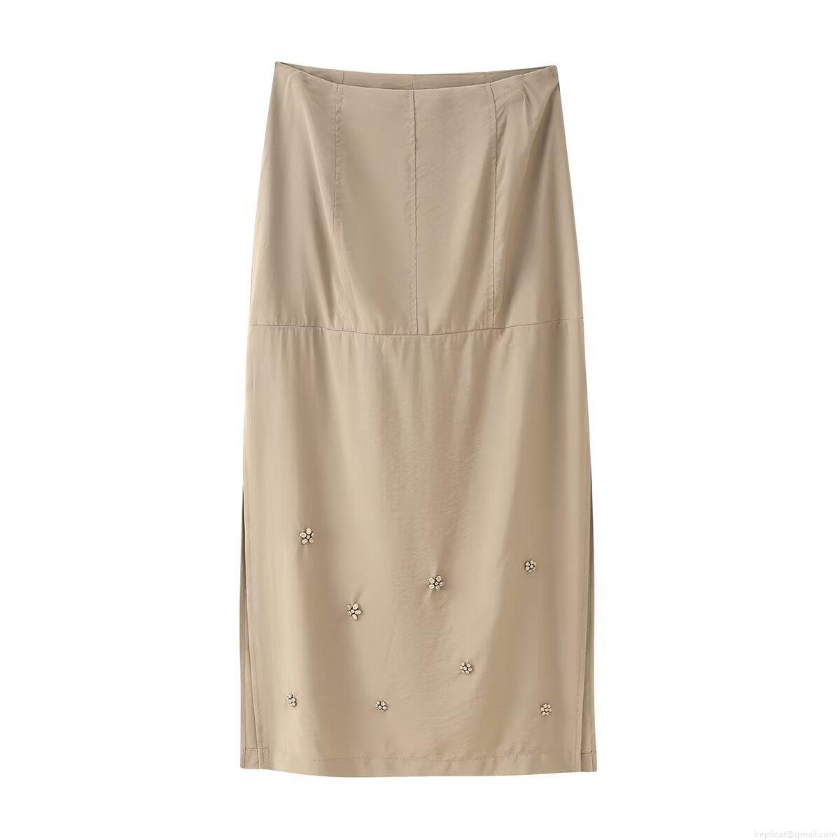 Women's Khaki Floral Bead Midi Skirt High Waist Side Split A-Line Polyester Skirt For Summer Streetwear Party Daily Elegant Decoration Skirt