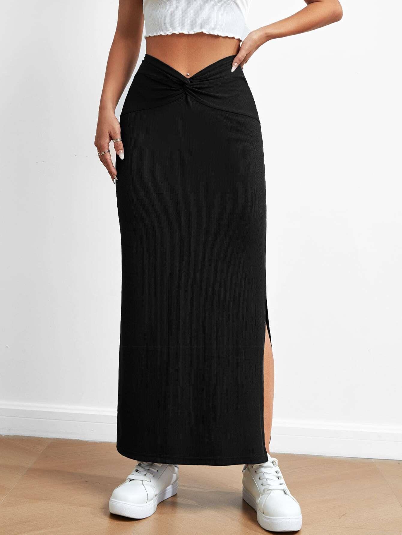 Women's High Waist Side Split Ribbed Knit Maxi Skirt Minimalist Knot Design Viscose Blend Draped Long Pencil Skirt For Casual Office Wear