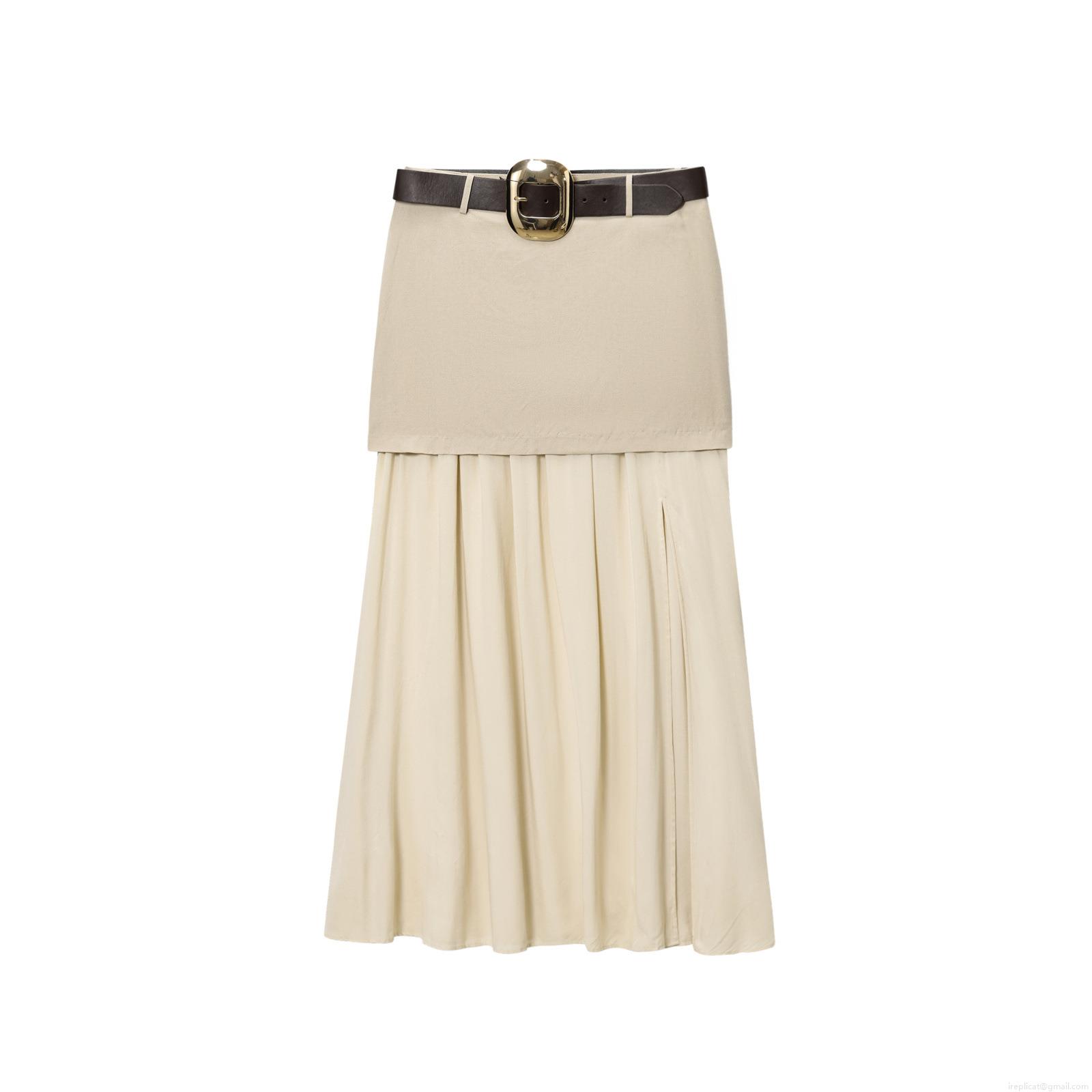 Women's European Street Style Midi Skirt With Leather Belt Pleated Patchwork Fake Two-Piece Design Polyester Summer Casual High Waist A-Line Skirt