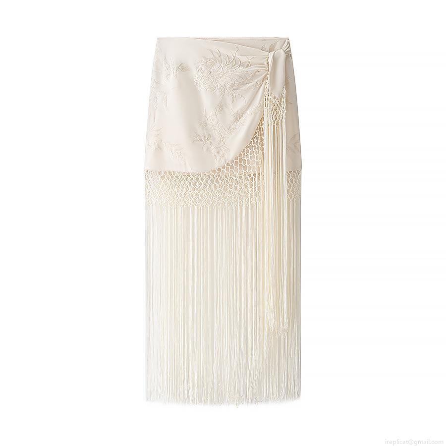 Women's Elegant Floral Embroidered Midi Skirt with Long Tassel Fringe Detail Knot Side Waist Beige Polyester Skirt for Autumn Party Streetwear Lady