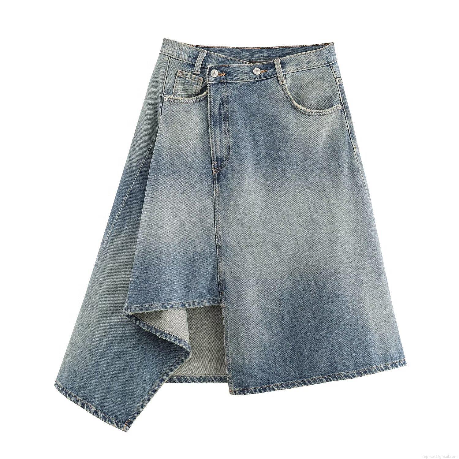 Women's Irregular Hem Denim Midi Skirt High Waist Asymmetrical Double Button Jean Skirts Streetwear Casual Distressed Light Blue Denim Skirt For Women