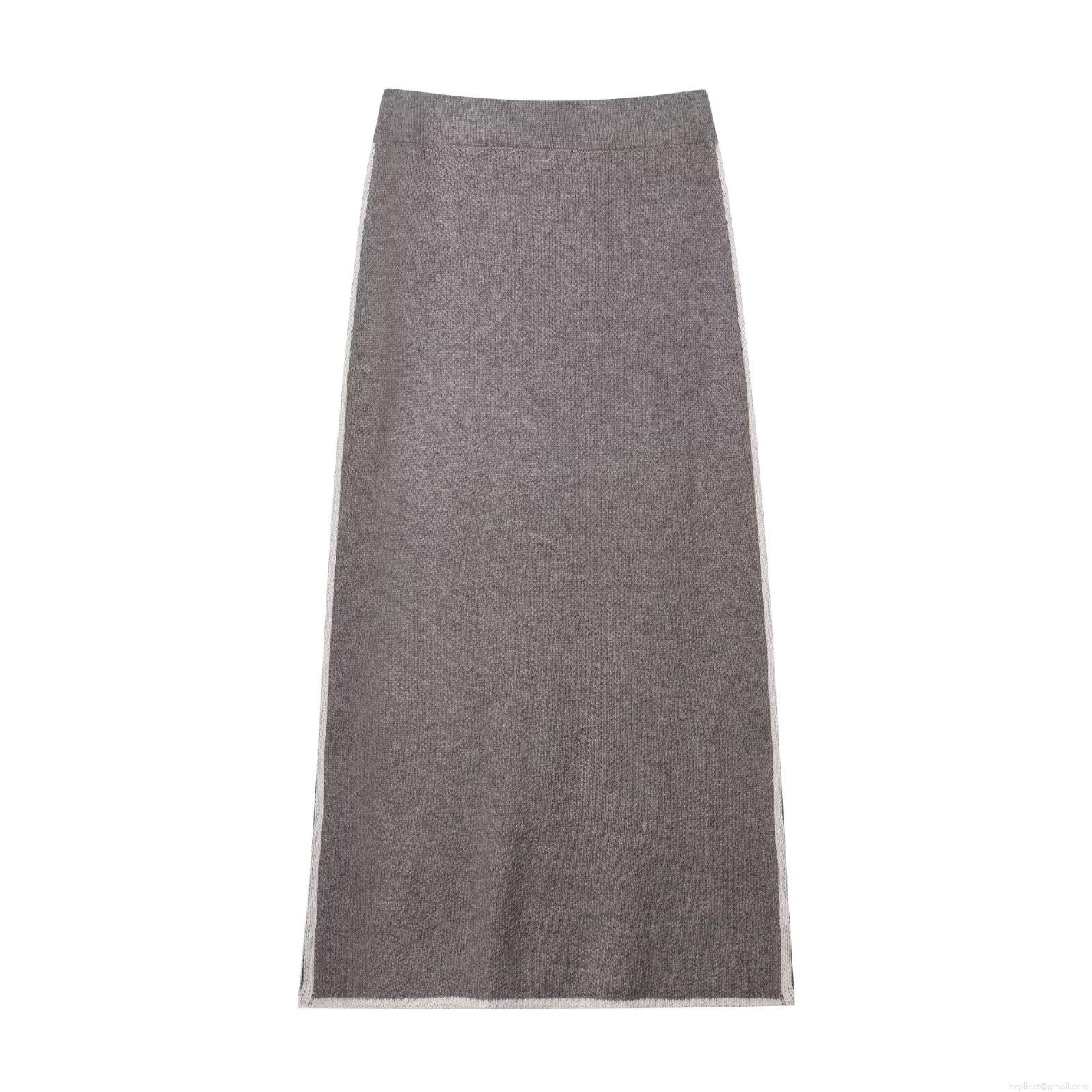 Womens Autumn Knitted Midi Skirt Contrast Trim Polyester High Waist Straight Skirt Elegant Streetwear Casual Long Skirt For Women