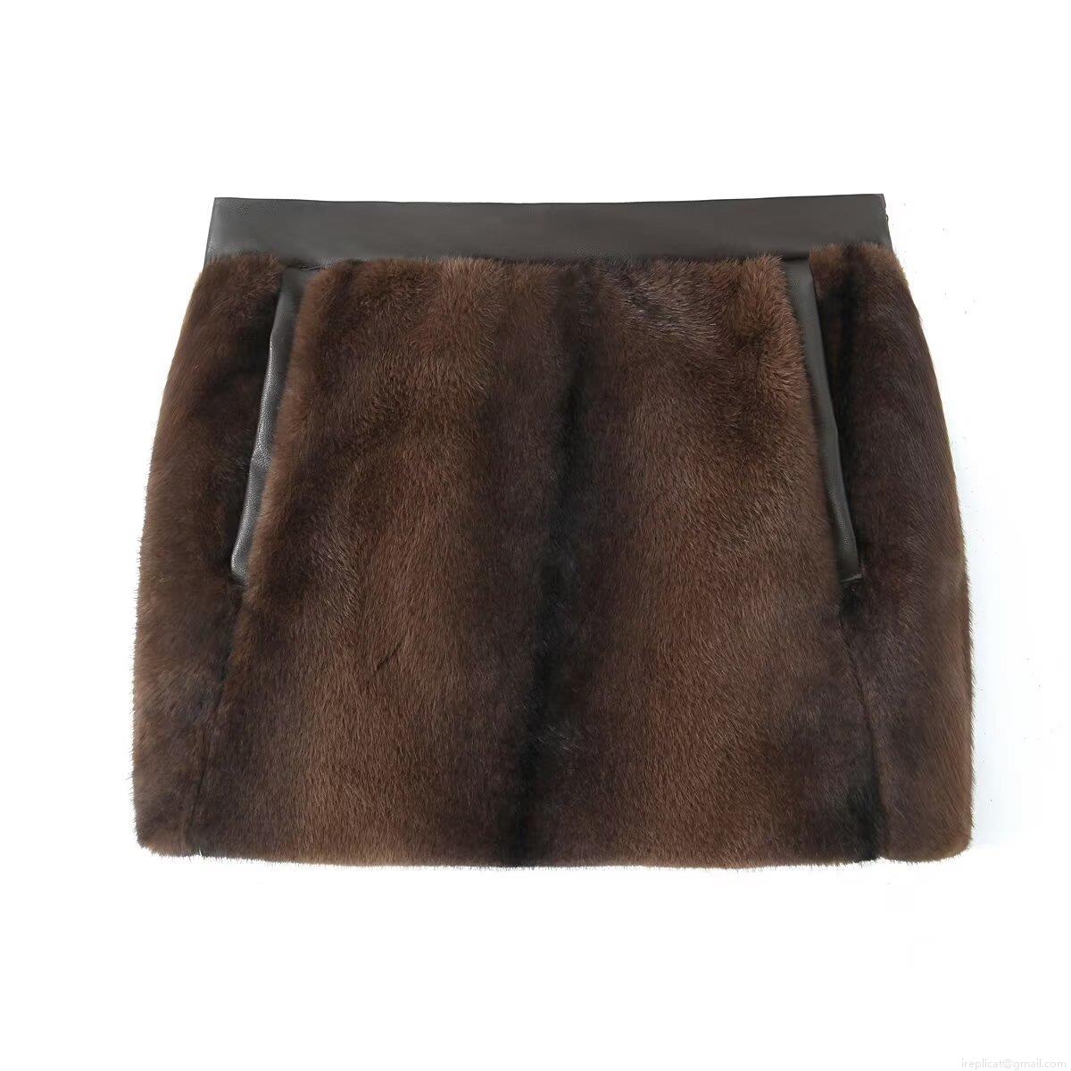 Women's Dark Brown Faux Fur Mini Skirt With PU Leather Trim Pocket Detail Winter Autumn Streetwear High Waist A-Line Short Skirt For Ladies