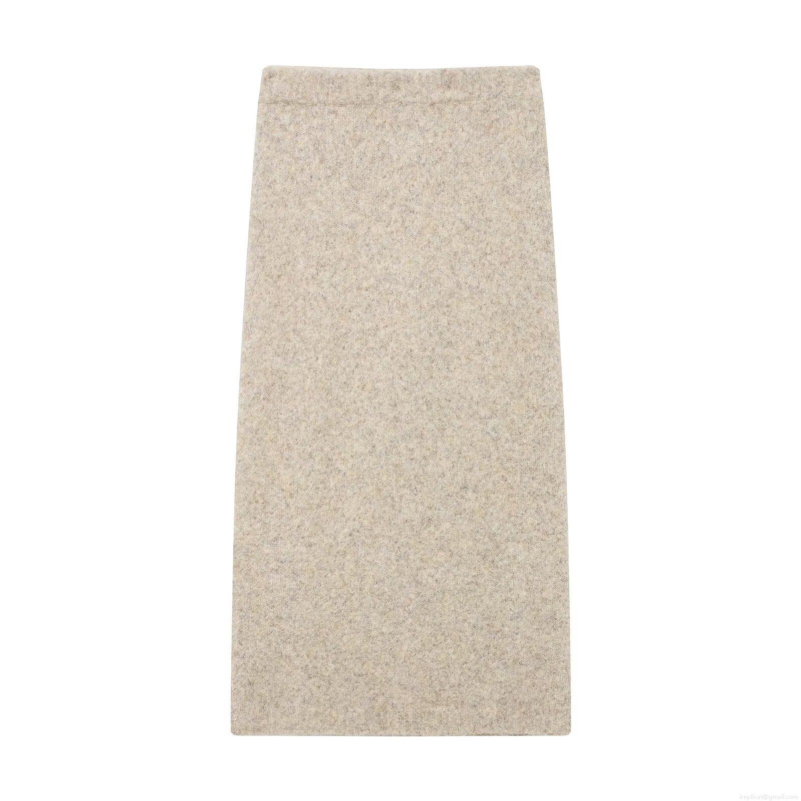 Women's Knit Midi Skirt Oatmeal Polyester Splicing Mid-Length A-Line Straight Skirt For Autumn Winter Streetwear Elegant Bottoms