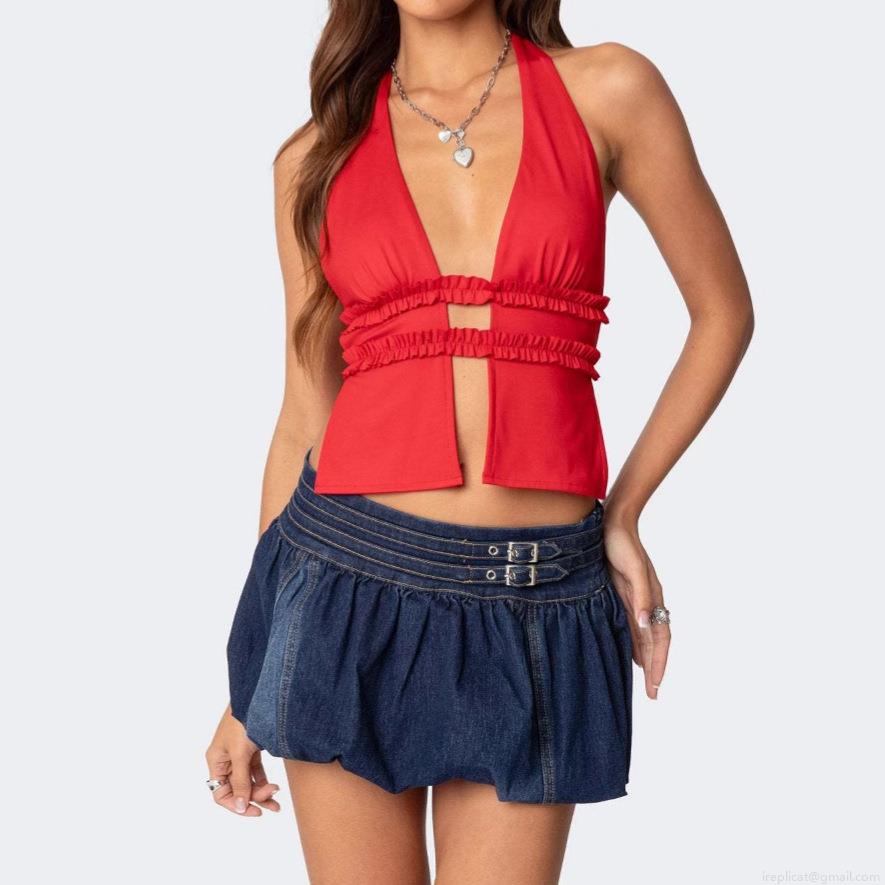 Women's Summer Low Waist Denim Mini Skirt Bubble Hem Pleated Solid Color Skirt With Metallic Buckle Detail Cotton Polyester Denim For Streetwear Lady