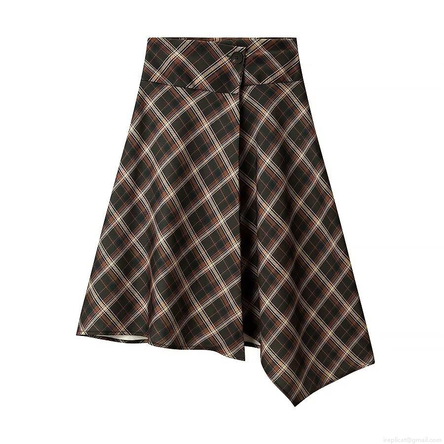 Women's Vintage Brown Plaid A-Line Midi Skirt High Waist Asymmetric Hem Button Front Casual British Style Skirt For Autumn Winter