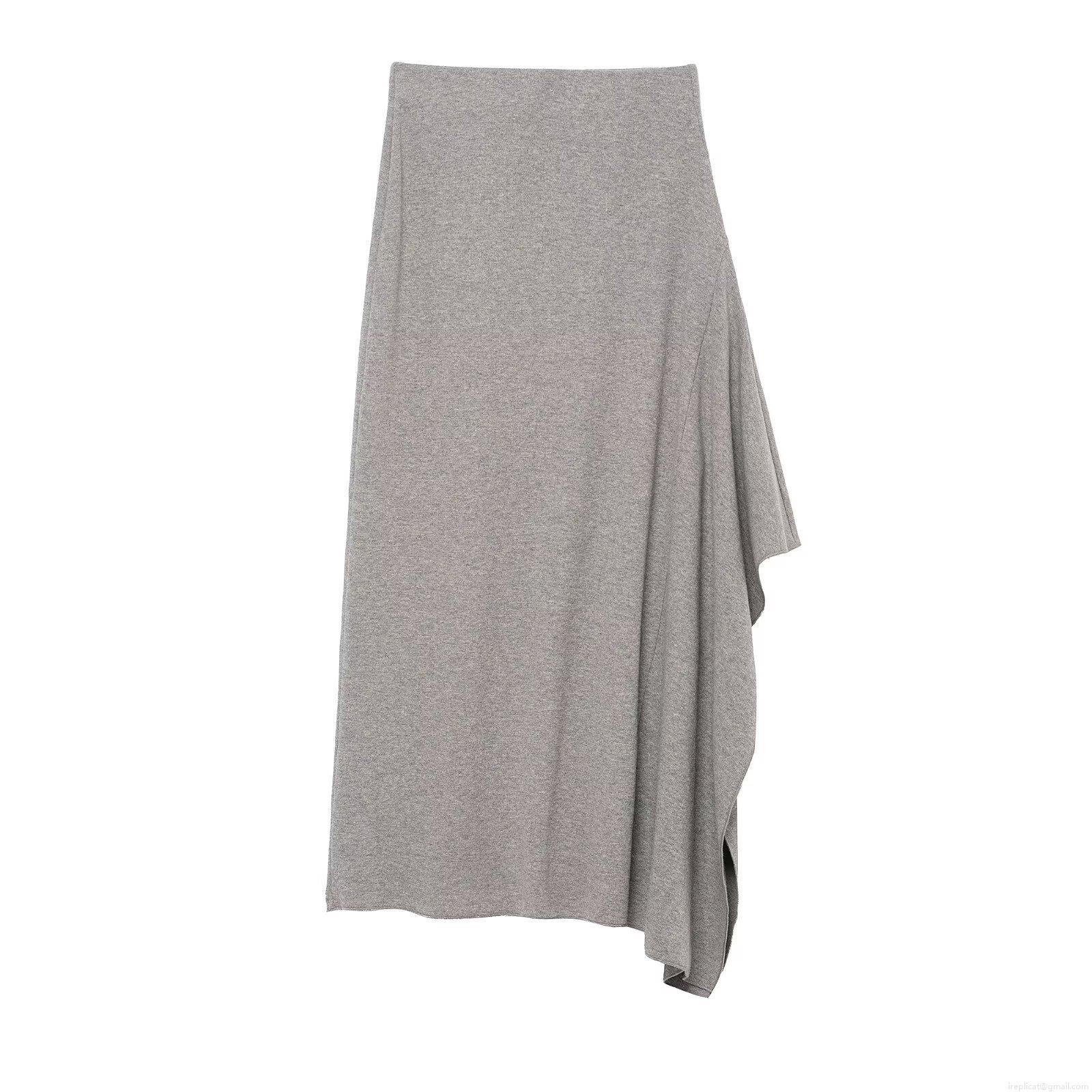Women's Asymmetrical Knit Midi Skirt Minimalist Casual Spandex Blend Grey Long Skirt A-Line Irregular Hem Winter Autumn Bottoms For Women