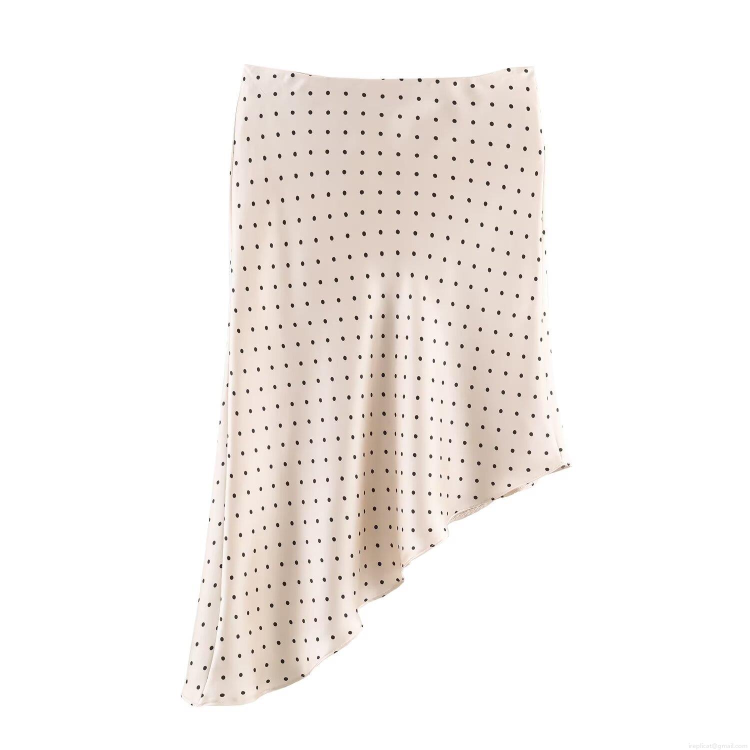 Women's Elegant Polka Dot Satin Skirt Asymmetric Hem High Waist Mid-length Polyester Skirt for Daily Office Wear Minimalist Chic Style