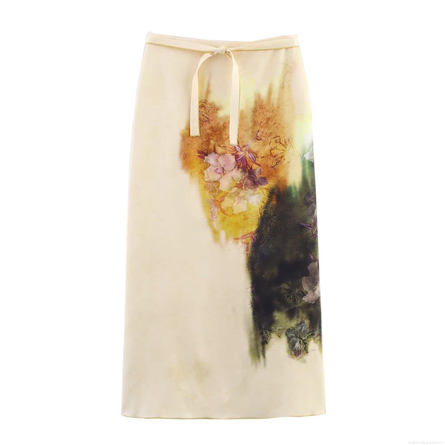 Women's Elegant Floral Print Satin Midi Skirt With Tie Waist High Waist Slit Silk-Like Skirt For Commute Dating Ladies Elegant Bottoms