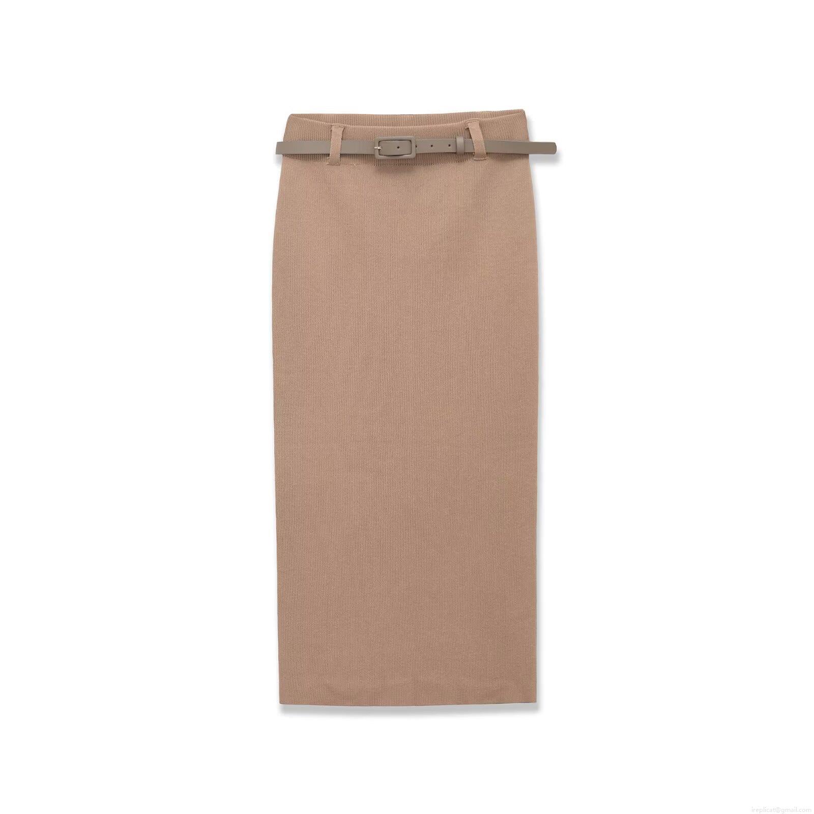 Women's Ribbed Knit Midi Skirt With Belt Elegant High Waist Straight Pencil Skirt Streetwear Solid Color Back Slit Bodycon Skirt For Women