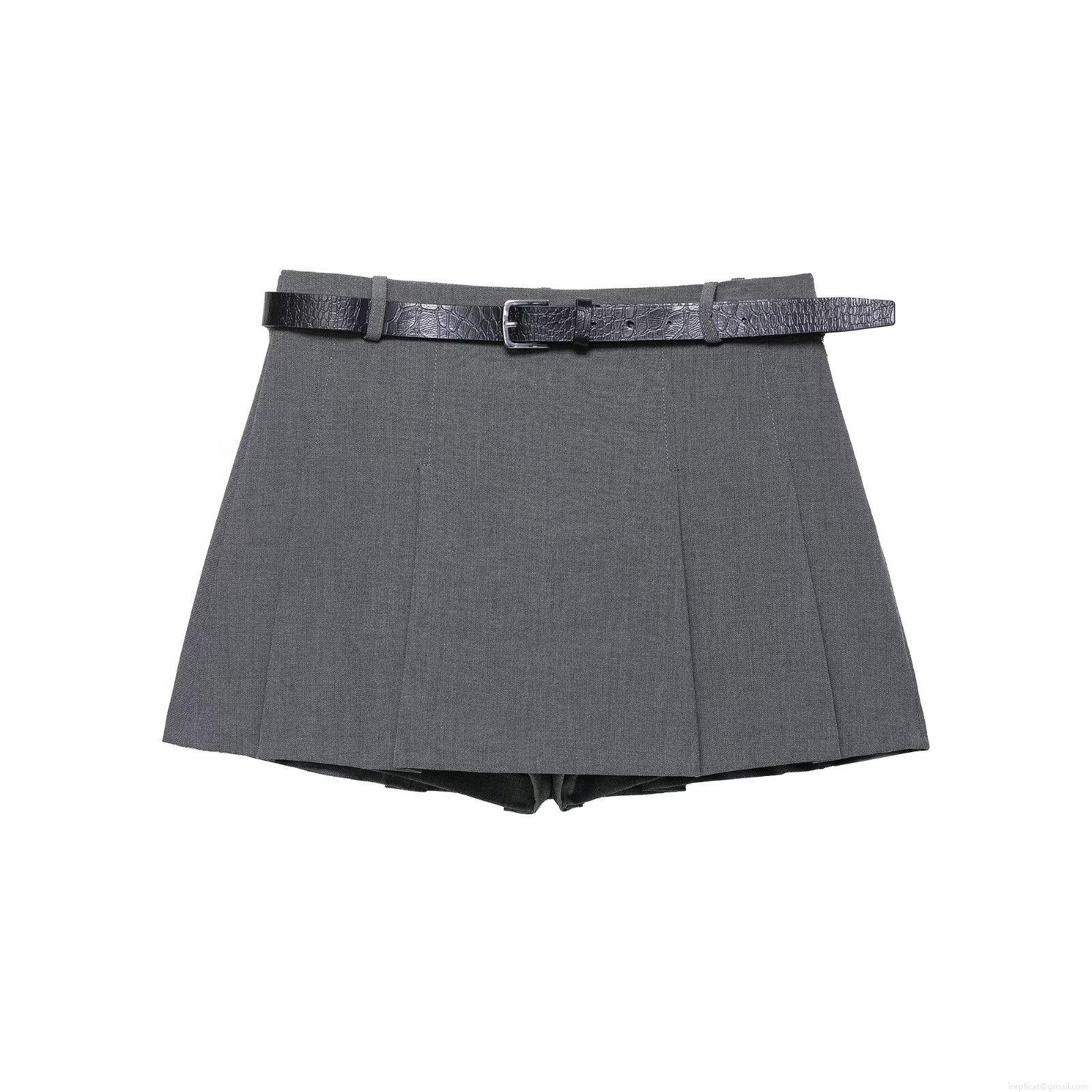 Women's High Waist Pleated Skort With Crocodile Pattern Belt Casual Grey A-Line Short Skirt Pants For Daily Autumn Fashion