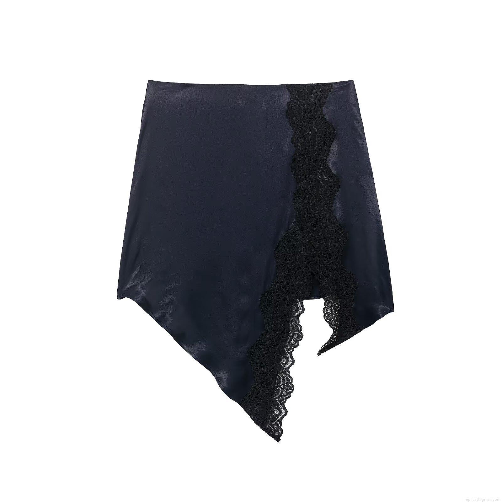 Women's Sexy Asymmetric Satin Mini Skirt With Black Lace Trim Elegant Dark Blue Polyester Silk Feel Skirt Club Party Streetwear Short Skirt