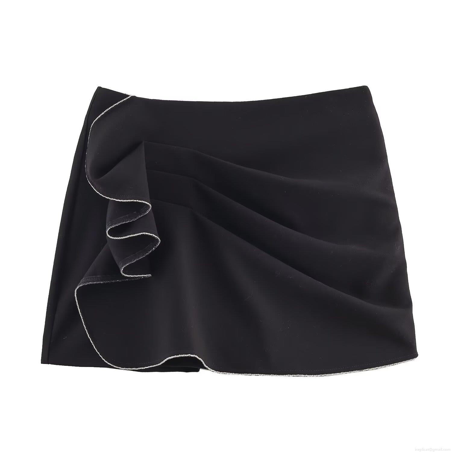 Minimalist Women's Black High Waist Beaded Ruffled Skort Shiny Rhinestone Edge Polyester Spandex Mini Skirt Pants for Winter Daily Fashion Casual