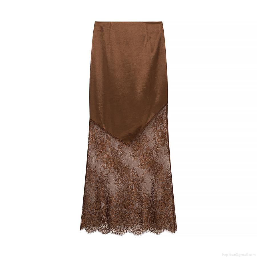 Women Sexy Caramel Brown Satin Lace Patchwork Skirt Elegant Long Straight Bodycon Skirt For Party Club Night Out Streetwear Women Bottoms