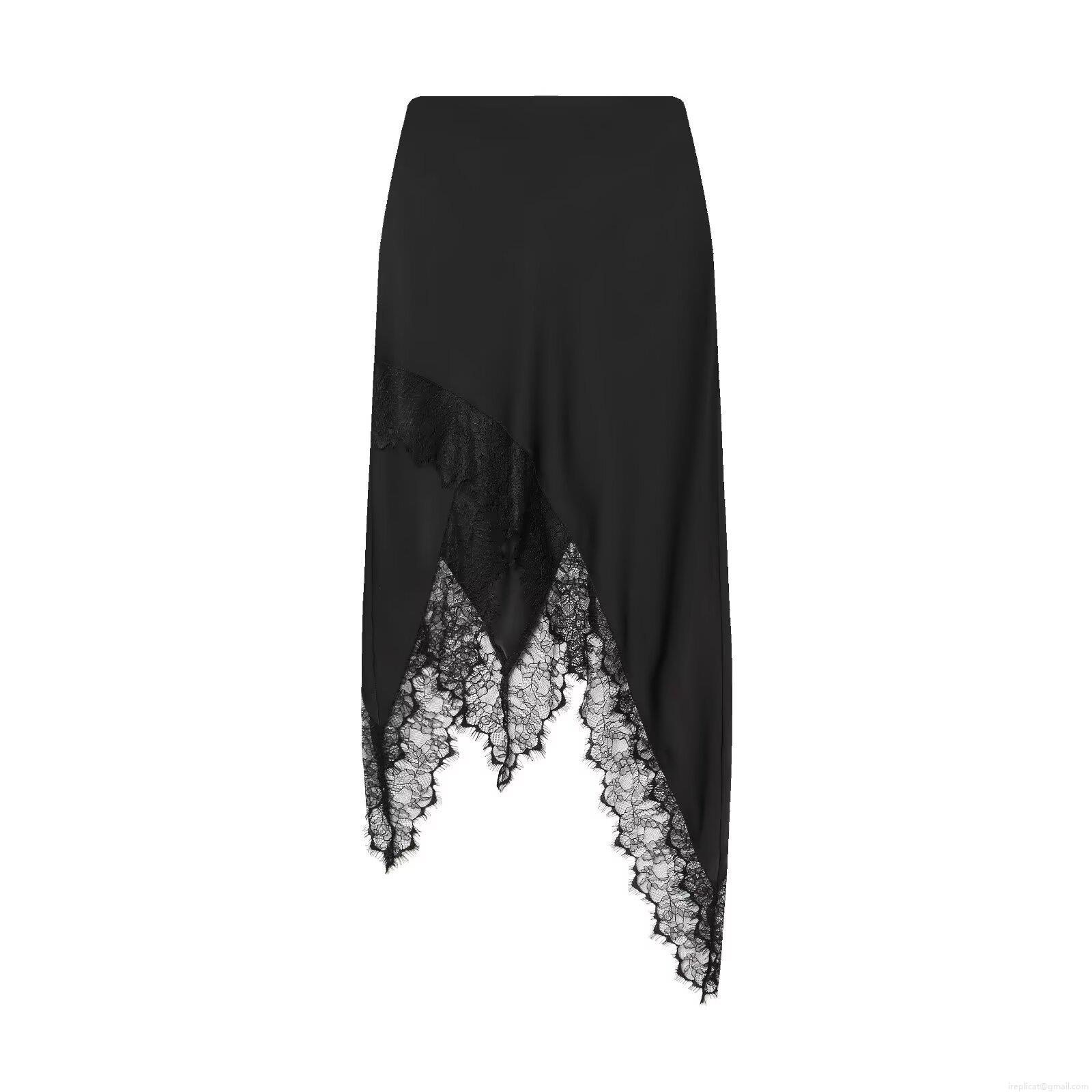 Women's Black Acetate Lace Patchwork Irregular Hem Midi Skirt Elegant High Waist Bodycon Pencil Skirt For Streetwear Party Night Out Wear