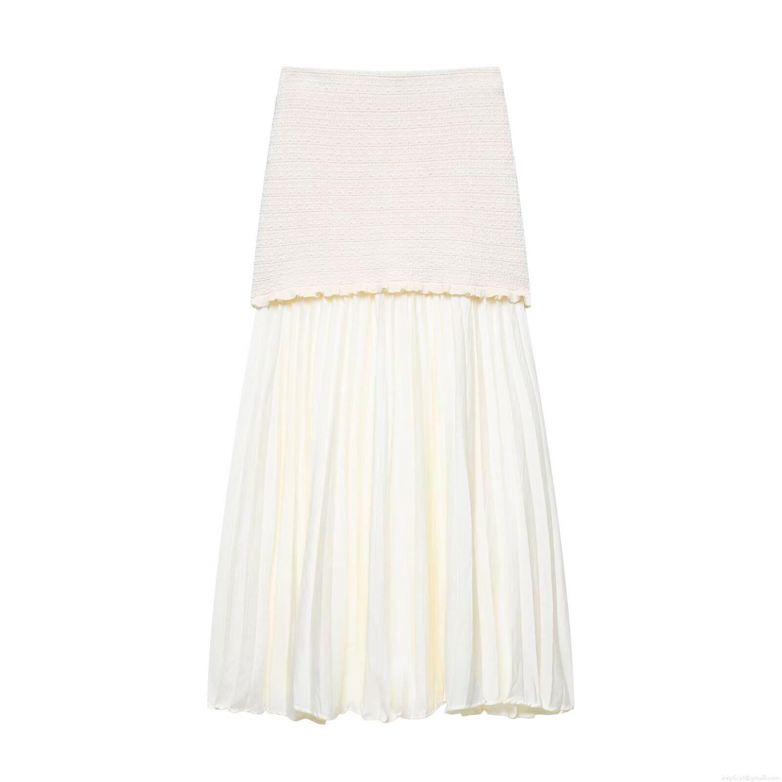 Women's Sexy Patchwork Knit Pleated Maxi Skirt High Waist Bodycon Chiffon Long Skirt Slim Fit Streetwear Party Club Skirt Cream White