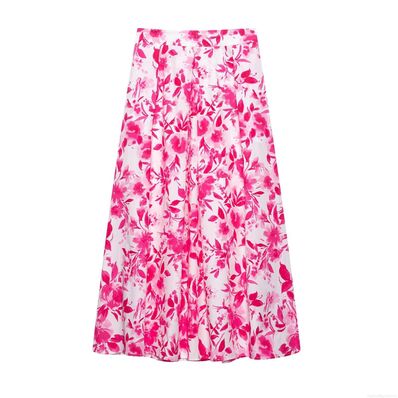 Women's Floral Print Midi Skirt Polyester High Waist A-Line Poplin Skirt Pink Flower Pattern Casual Sexy Summer Fashion Bottoms For Women