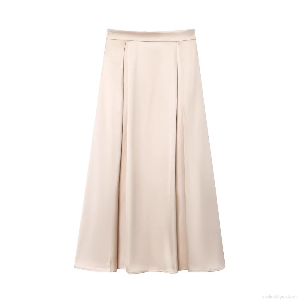 Women's Elegant Satin Midi Skirt High Waist A-Line Champagne Apricot Silk Texture Flowy Long Skirt For Party Daily Streetwear