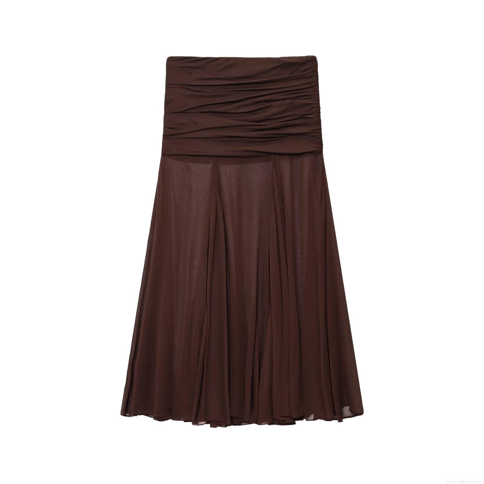 Women Sexy Ruched Chiffon Maxi Skirt Semi-Transparent Bodycon High Waist Pleated Long Skirt for Street Clubwear Party Dark Brown