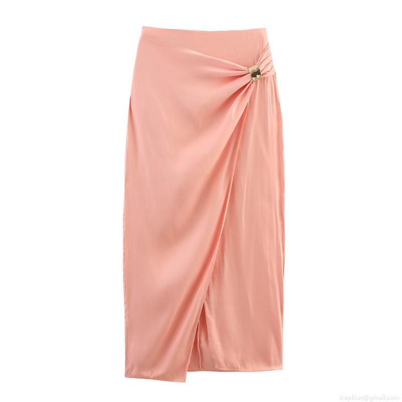 Women's Sexy Polyester Satin Wrap Midi Skirt Elegant High Waist Solid Color Bodycon Long Skirt With Gold Alloy Buckle For Party Streetwear