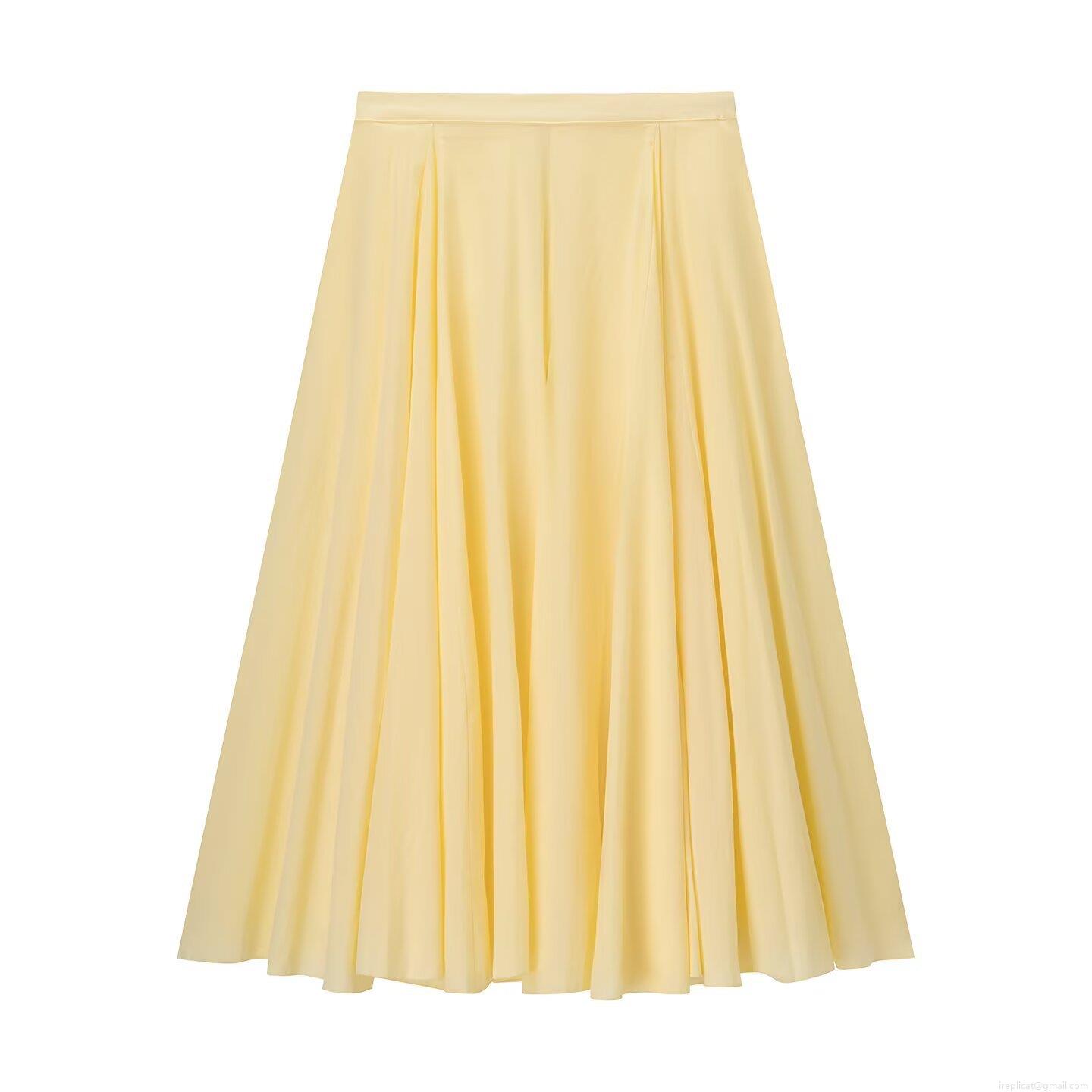 Women Fashion High Waist Pleated Midi Skirt Solid Color Yellow A-Line Swing Skirt Polyester Chic Bottoms For Women Daily Vacation Party Wear
