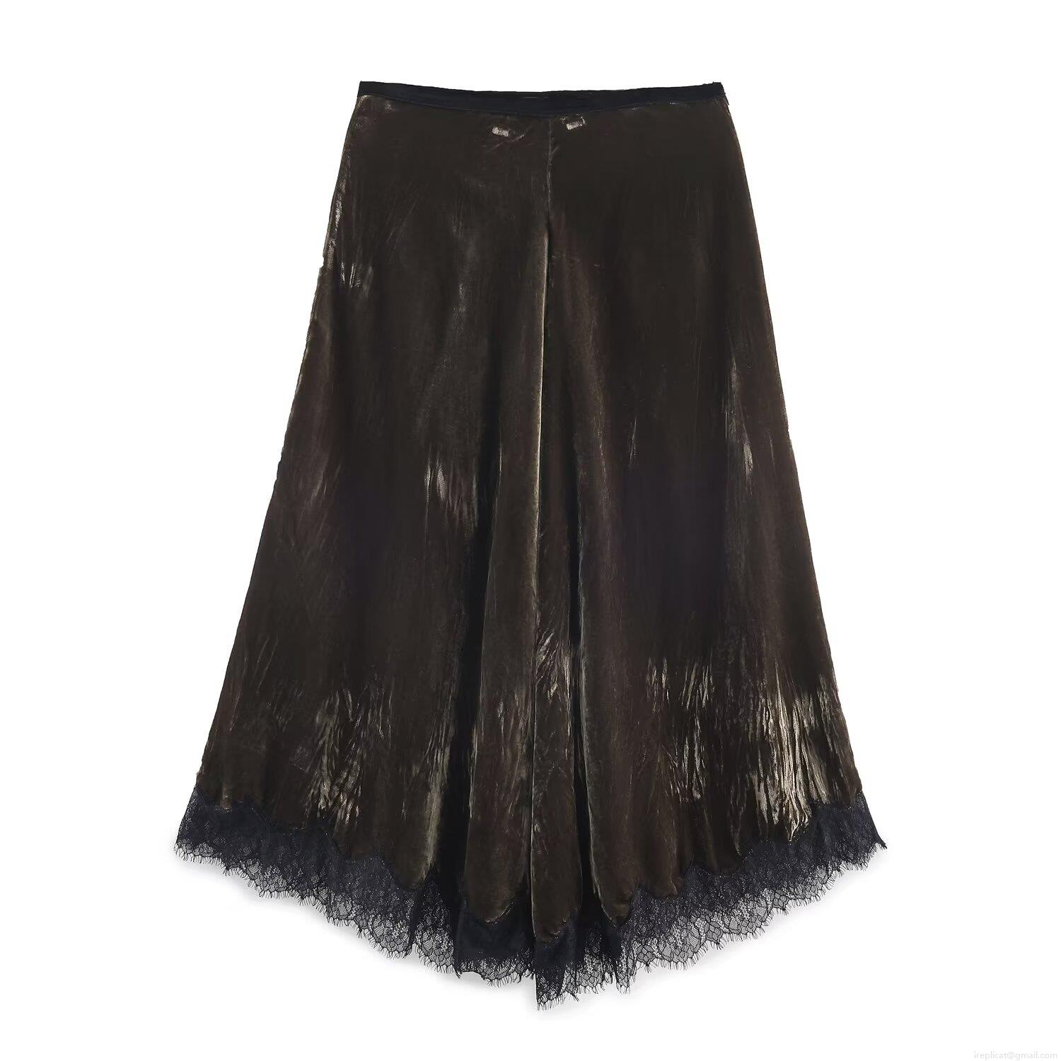 Women Elegant Coffee Brown Velvet Midi Skirt With Black Lace Hem Patchwork High Waist Straight Long Skirt For Party Streetwear Retro Fashion
