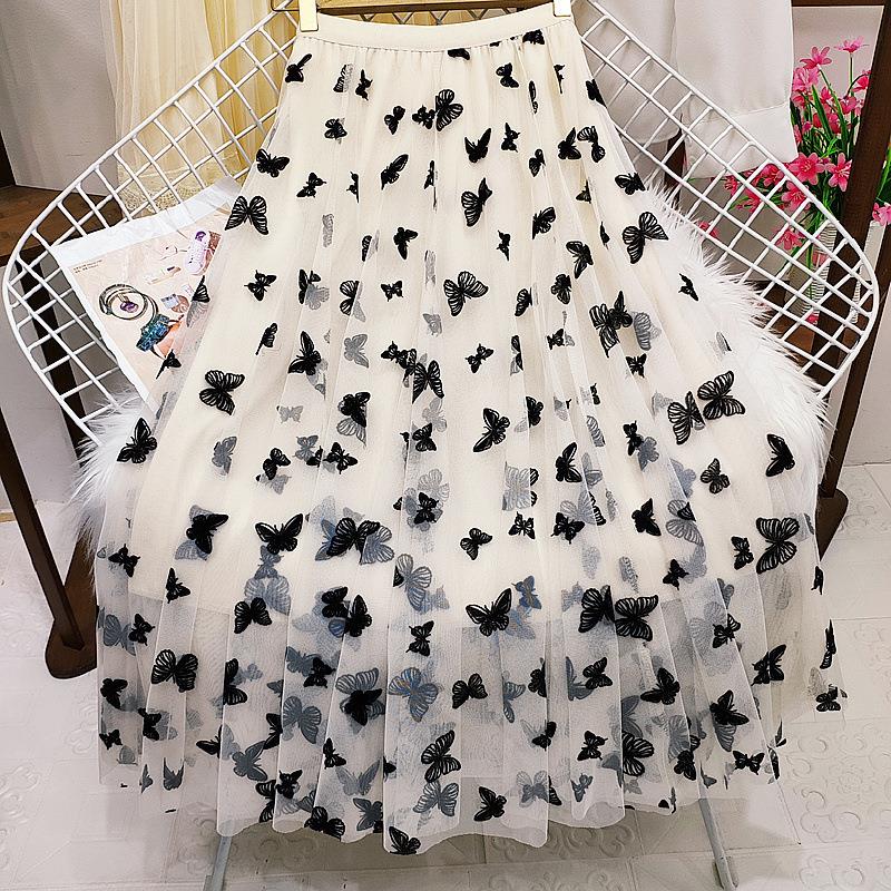 Elegant Butterfly Embroidery Tulle Midi Skirt Women's High Waist Elastic A-Line Multi-Layer Mesh Pleated Skirt Ethereal Fairy Party Wear Bottoms