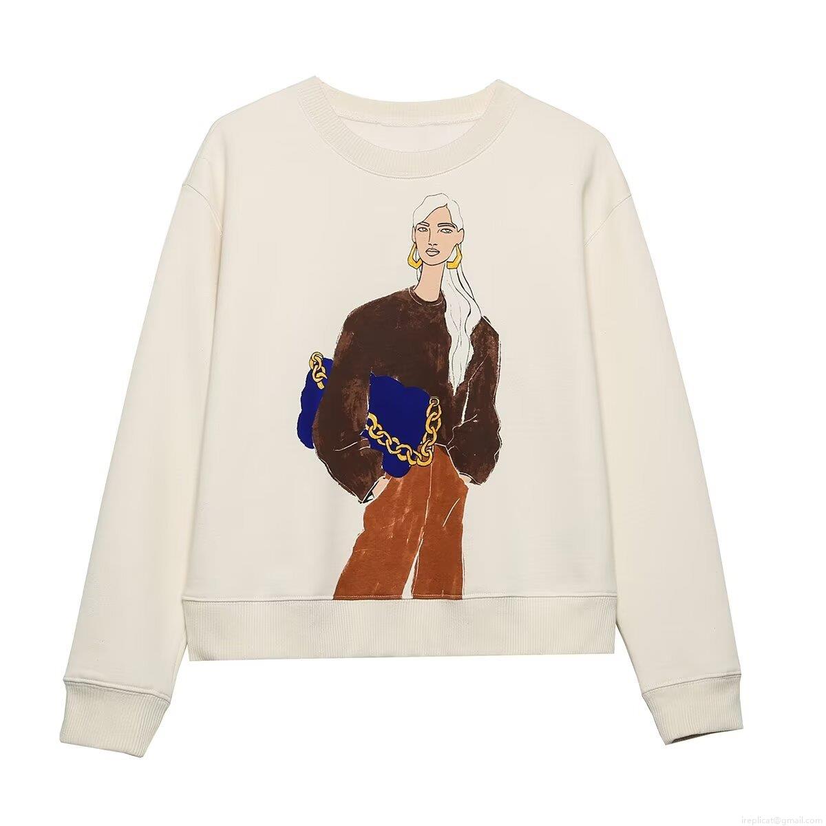 Fashion Character Illustration Print Round Neck Long Sleeve Sweatshirt Women Casual Beige Fleece Lined Pullover Streetwear Autumn Top