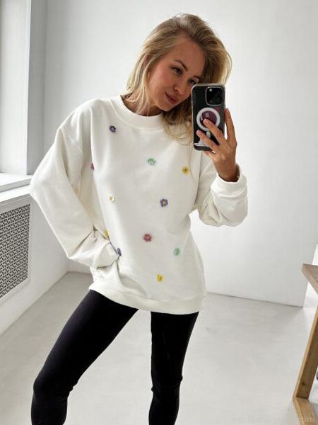Women's Cotton Sweatshirt 3D Handmade Crochet Flower Decoration Loose Fit Round Neck Long Sleeve Pullover Top Casual Streetwear