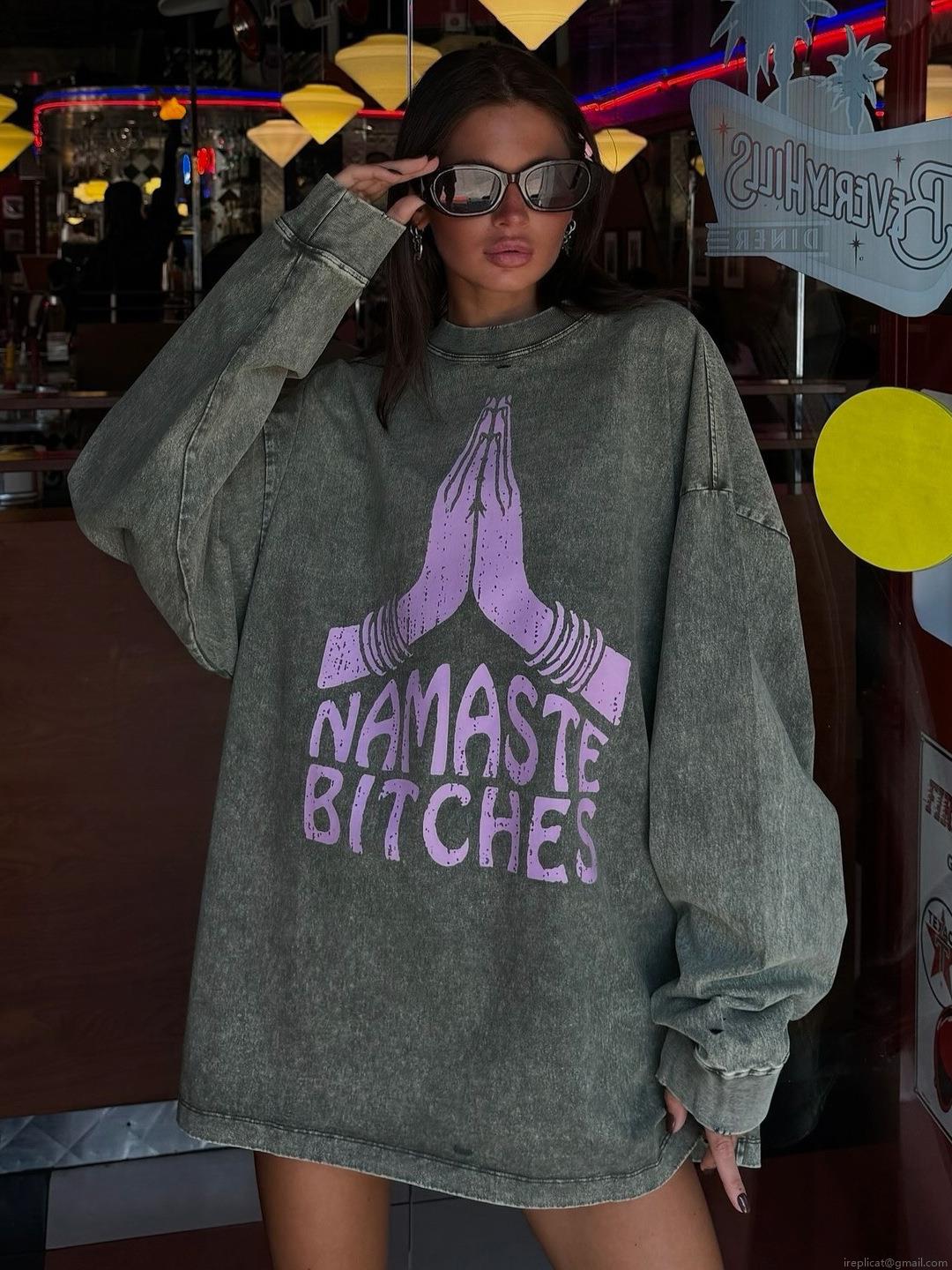 Women's Acid Wash Oversized Sweatshirt American Vintage Print Cotton Long Sleeve Pullover Namaste Bitches Streetwear Autumn Loose Top