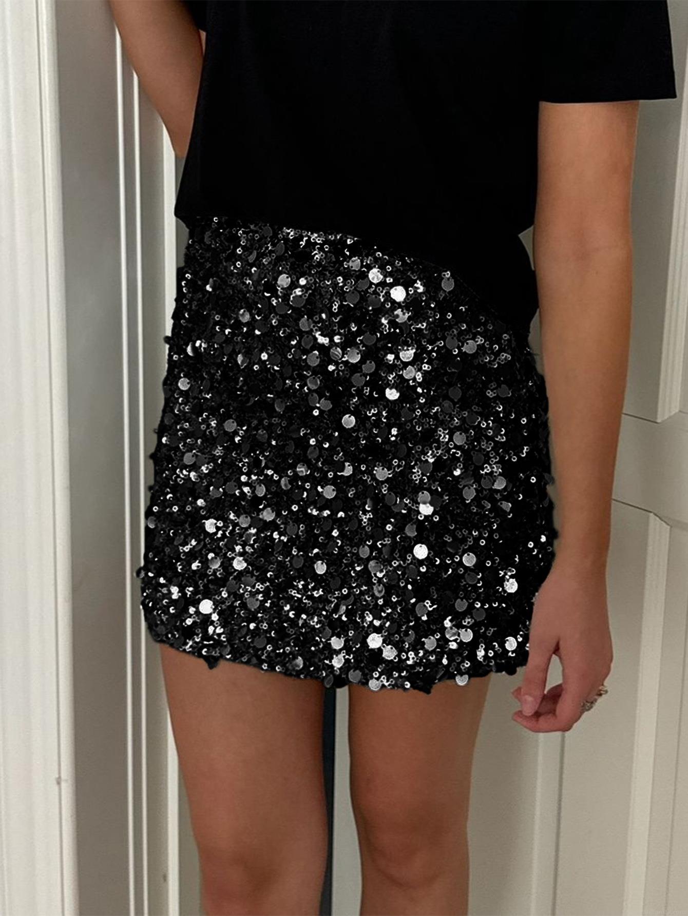 Women's Elegant Sequin Bodycon Mini Skirt Glitter Sparkly High Waisted Polyester Elastane Short Skirt For Party Club Night Out Evening