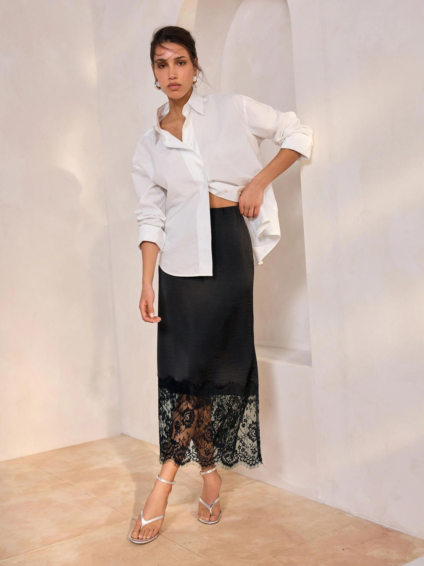 Women's Elegant Satin Midi Skirt With Lace Trim Sexy Side Split High Waist Straight Pencil Skirt Silky Polyester Lace Patchwork Bottoms For Party Dating Daily