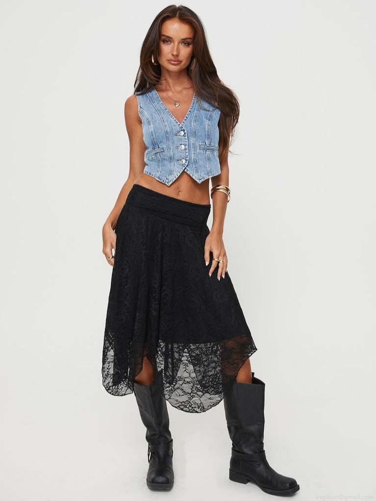 Women's Lace Midi Skirt Irregular Asymmetric Hem High Waist Polyester Spandex Patchwork Skirt For Daily Party Vacation Boho Street Style