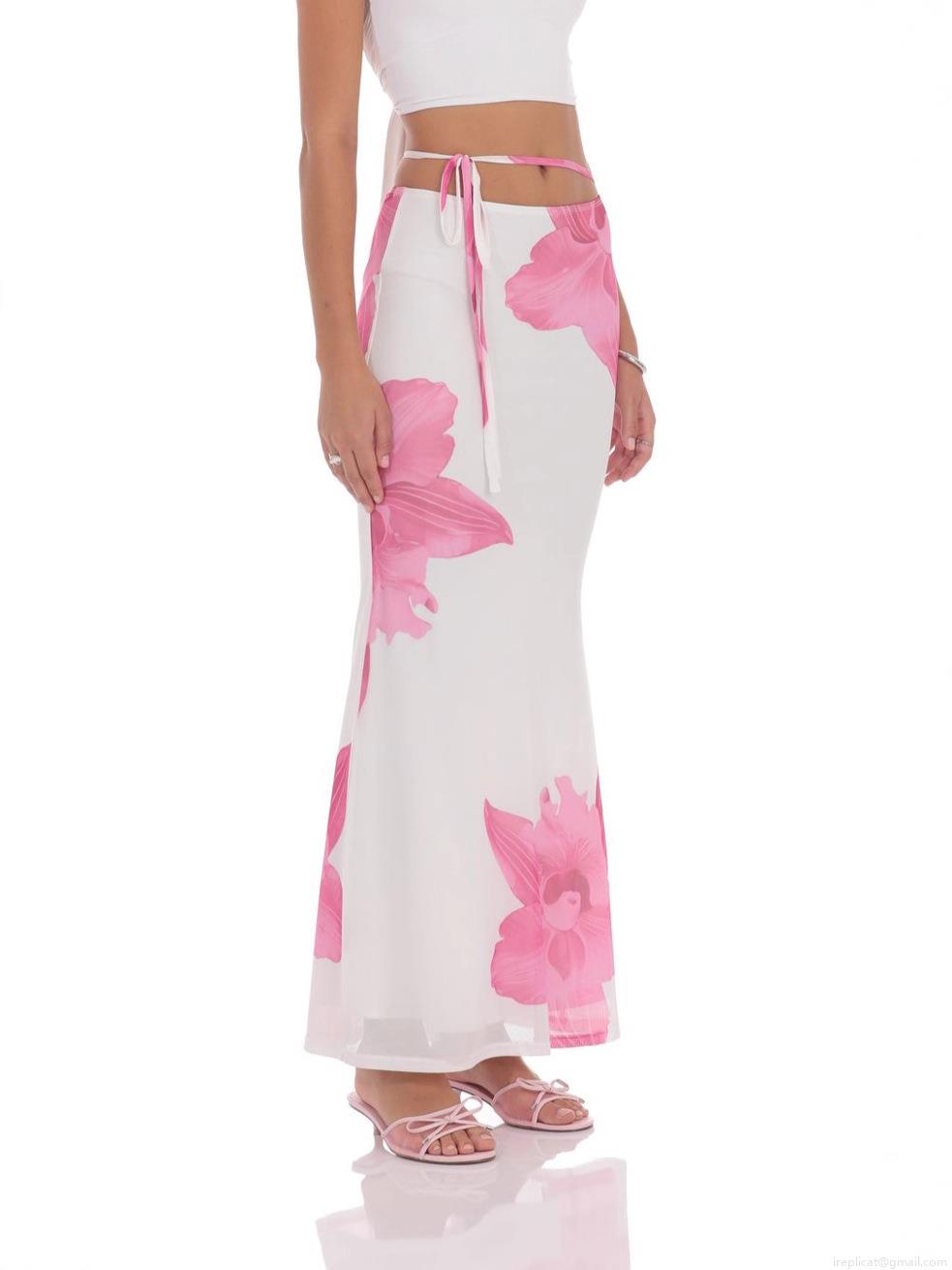 Women Elegant Floral Print Mesh Maxi Skirt With Lace-up Waist Double Layer Milk Silk Polyester Summer Vacation Long Skirt For Women