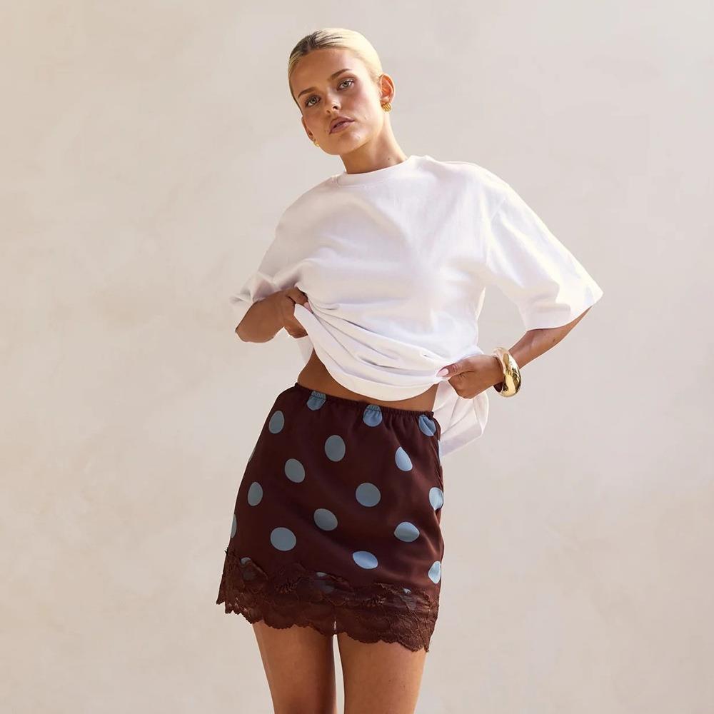 Women Sexy High Waist Polka Dot Print Satin Mini Skirt With Lace Trim Hem Bodycon Short Skirt Streetwear Summer