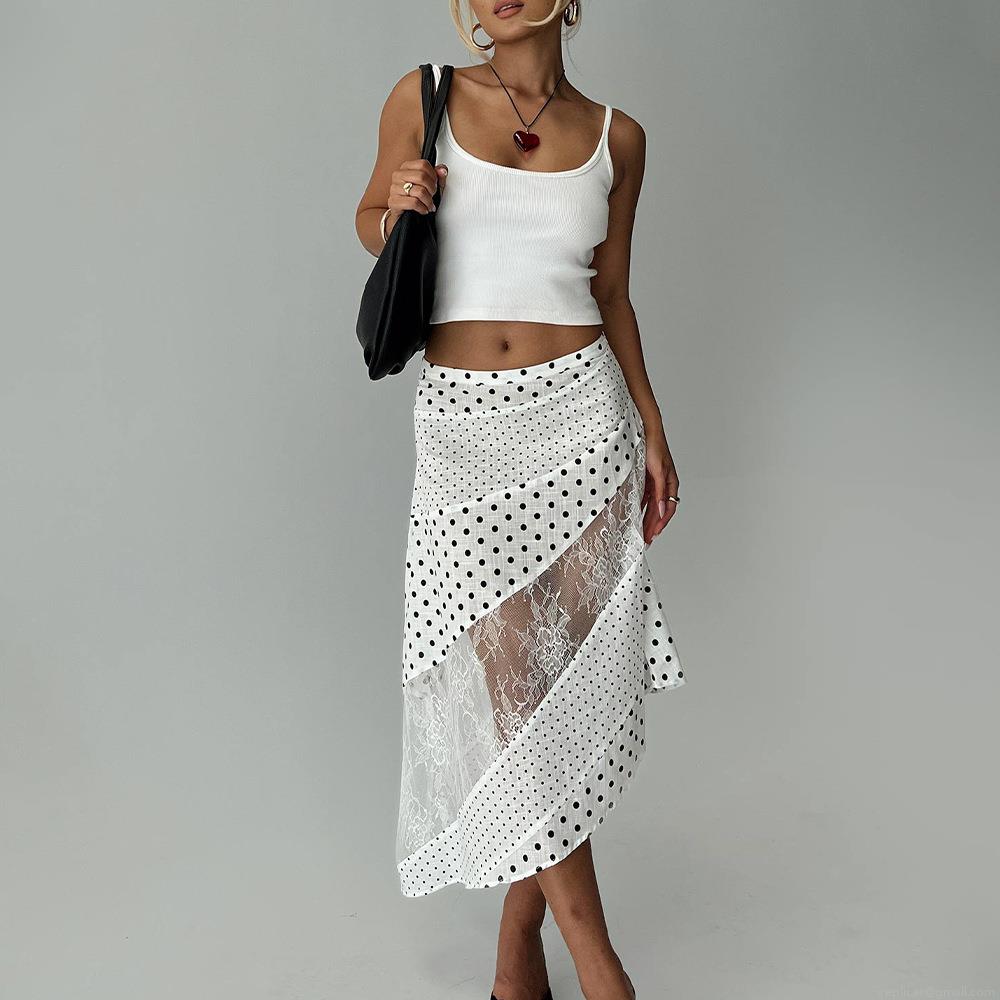 Women's Sexy Polka Dot Lace Patchwork Irregular Skirt Summer High Waist A-Line Long Skirts Fashion Streetwear Beach Party Polyester Cotton Clothing