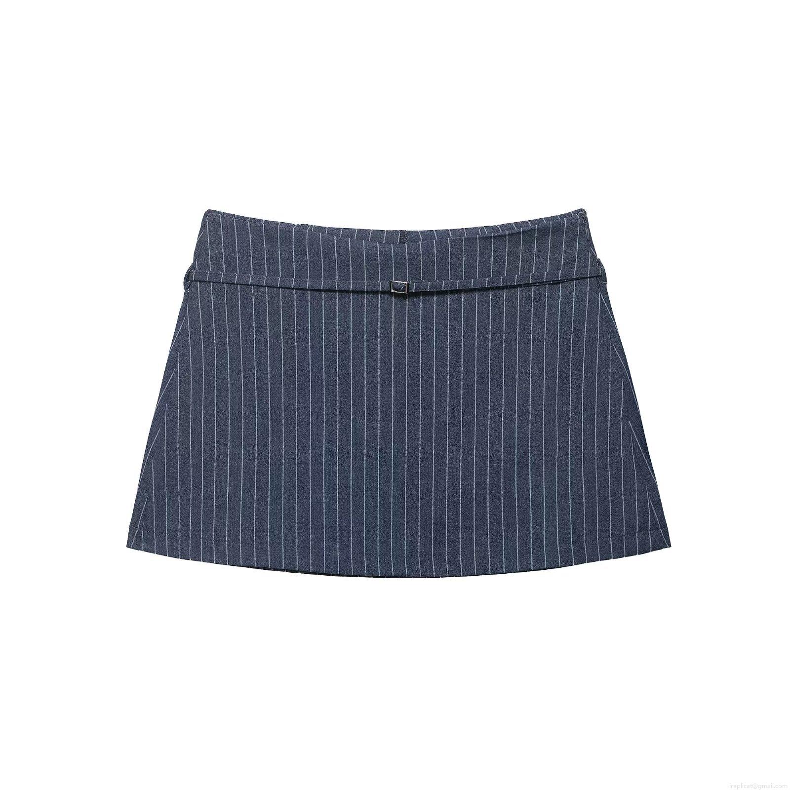 Women's Preppy Style Striped A-Line Mini Skirt With Belt Dark Blue White Stripes High Waist Skorts For Daily Casual Wear Fashion Ladies Bottoms