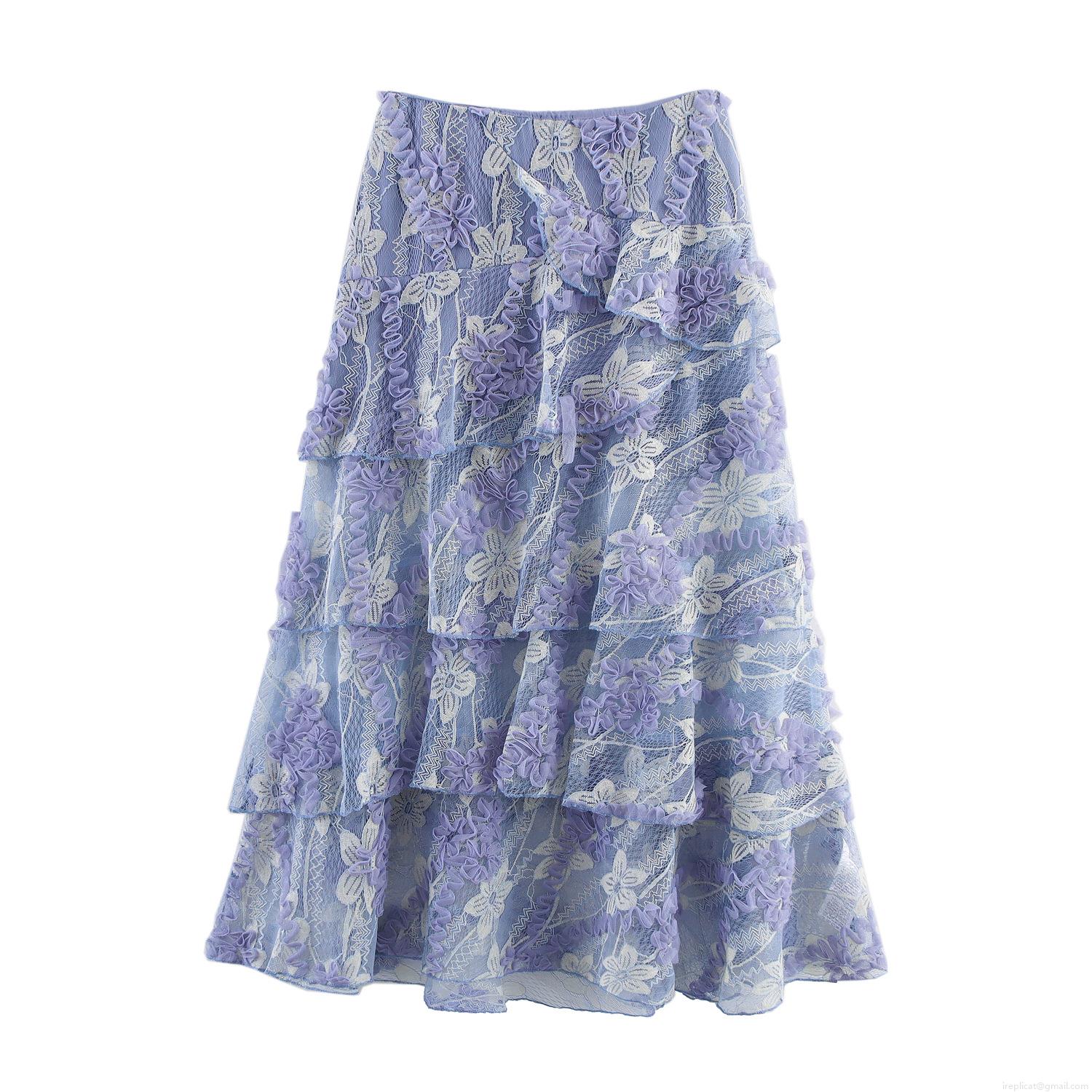 Women's Bohemian Embroidered Mesh Tiered Maxi Skirt Luxury 3D Flower Decoration Lace High Waist Cake Skirt for Beach Holiday Vacation Party Lady