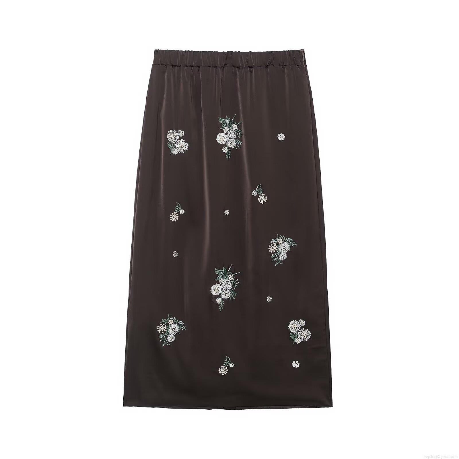 Women's Elegant Satin Midi Skirt With White Flower Embroidery Sequins Beaded Decoration Elastic Mid-Waist Straight Skirt For Autumn Daily Party