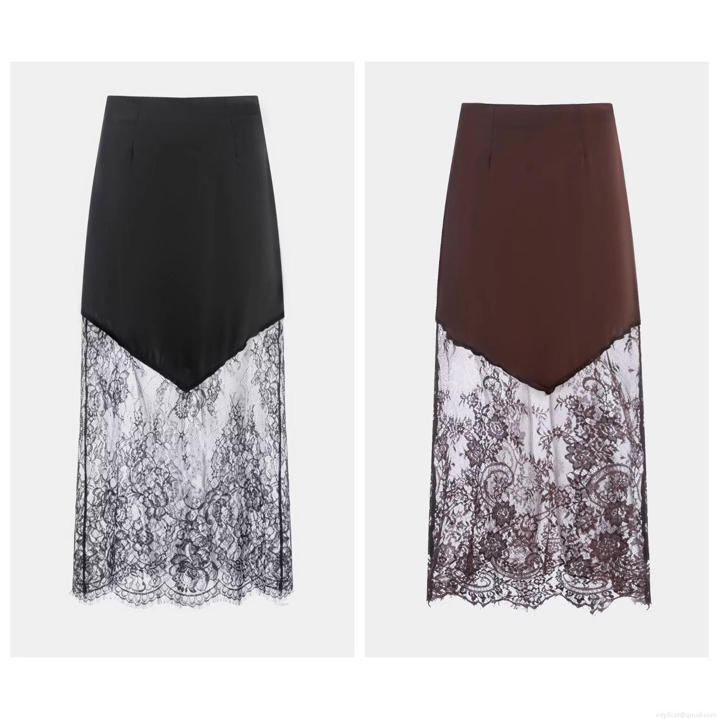 Women's Elegant Satin And Lace Patchwork Midi Skirt High Waist V-Seam Eyelash Lace Trim A-Line Skirt For Party Daily Wear Chic Streetwear