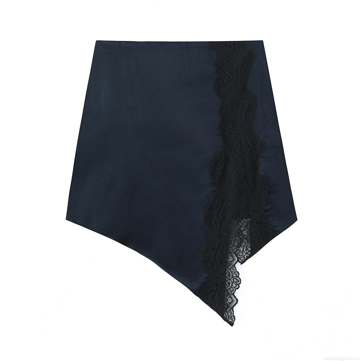 Women's Satin Patchwork Skirt With Black Lace Hem Asymmetric High Waist Mini A-Line Skirt For Party Club Streetwear Elegant Navy Blue Skirts