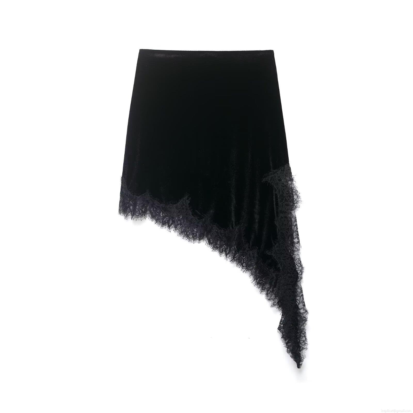 Women Asymmetric Lace Patchwork Mini Skirt Satin Velvet Sexy Solid Color Streetwear A-line Night Club Party Skirt For Ladies Clothing