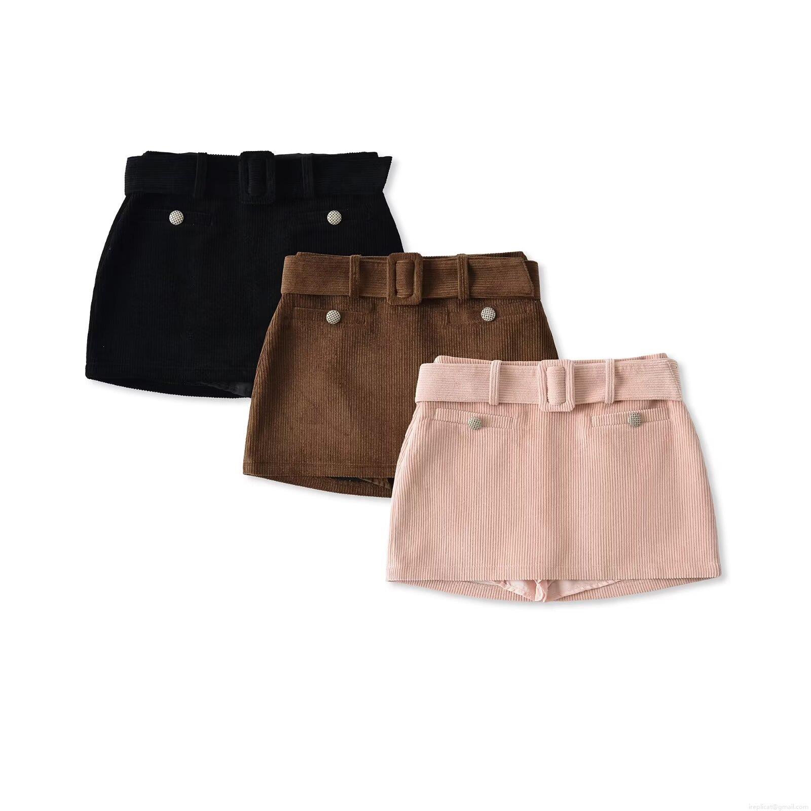 Women's Retro Corduroy Mini Skirt With Belt High Waist A-Line Bodycon Skirt Fashion Casual Streetwear Short Skirt With Decorative Metal Buttons